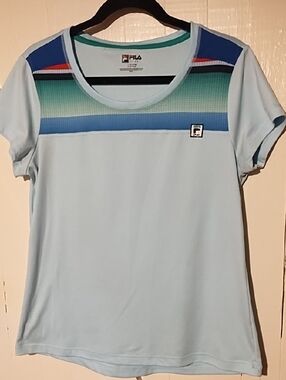 FILA Like New Light Blue Tee with Blue and Green Gradient Chest Stripe Size Lg.
